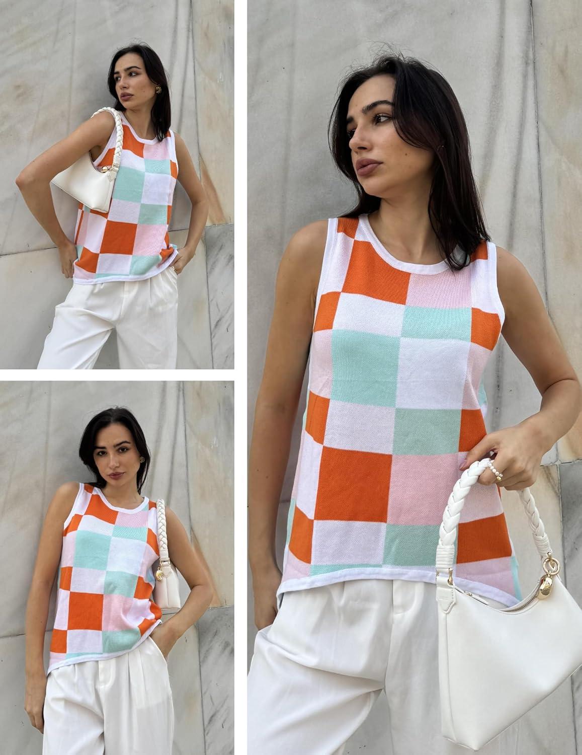 imageZeagoo Womens Sleeveless Sweater Vest Crewneck Knit Loose Sweater Tank Tops Lightweight Shirts Blouses 2026Plaid Orange