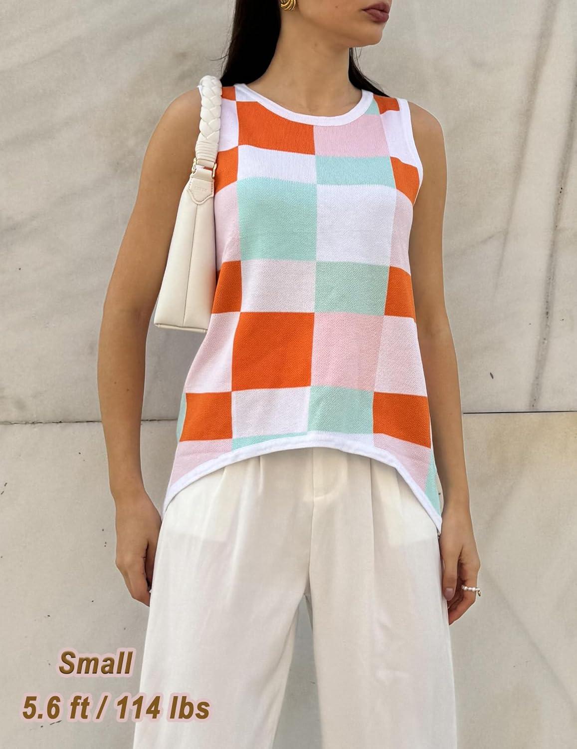 imageZeagoo Womens Sleeveless Sweater Vest Crewneck Knit Loose Sweater Tank Tops Lightweight Shirts Blouses 2026Plaid Orange