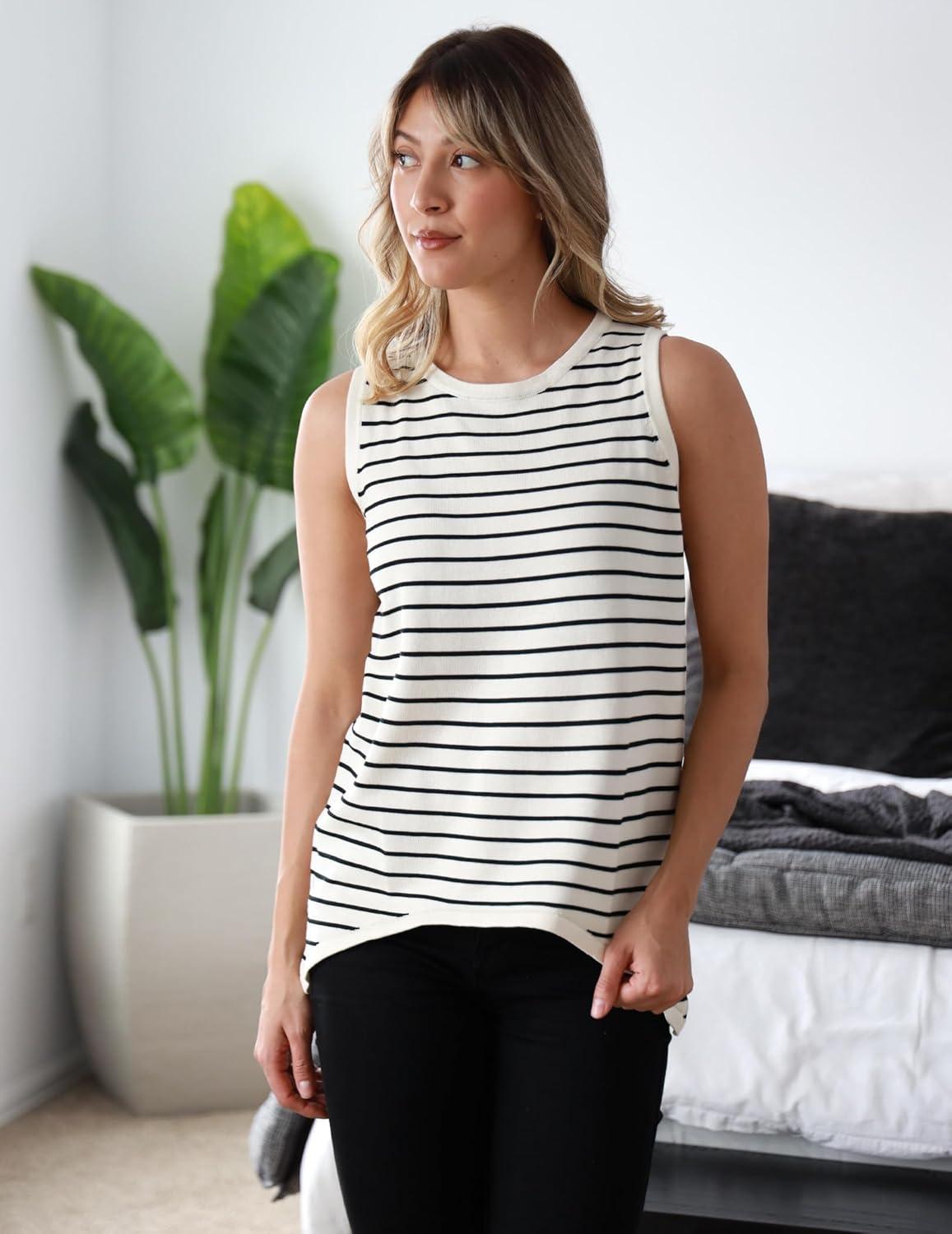 imageZeagoo Womens Sleeveless Sweater Vest Crewneck Knit Loose Sweater Tank Tops Lightweight Shirts Blouses 2026Stripe Beige