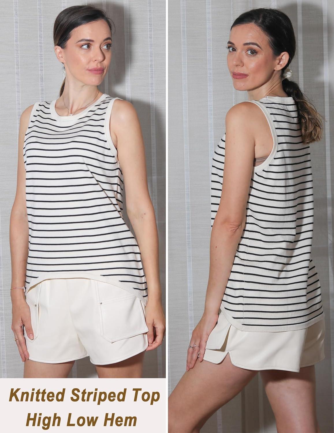 imageZeagoo Womens Sleeveless Sweater Vest Crewneck Knit Loose Sweater Tank Tops Lightweight Shirts Blouses 2026Stripe Beige
