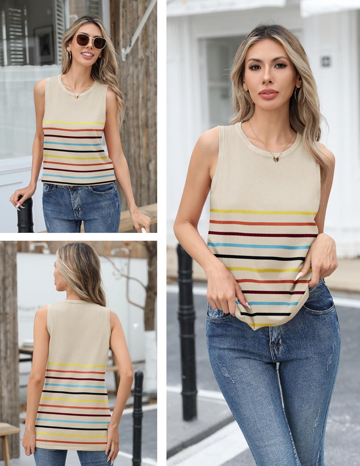imageZeagoo Womens Sleeveless Sweater Vest Crewneck Knit Loose Sweater Tank Tops Lightweight Shirts Blouses 2026Stripe Colorful