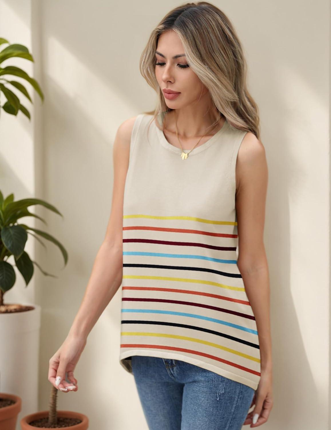 imageZeagoo Womens Sleeveless Sweater Vest Crewneck Knit Loose Sweater Tank Tops Lightweight Shirts Blouses 2026Stripe Colorful