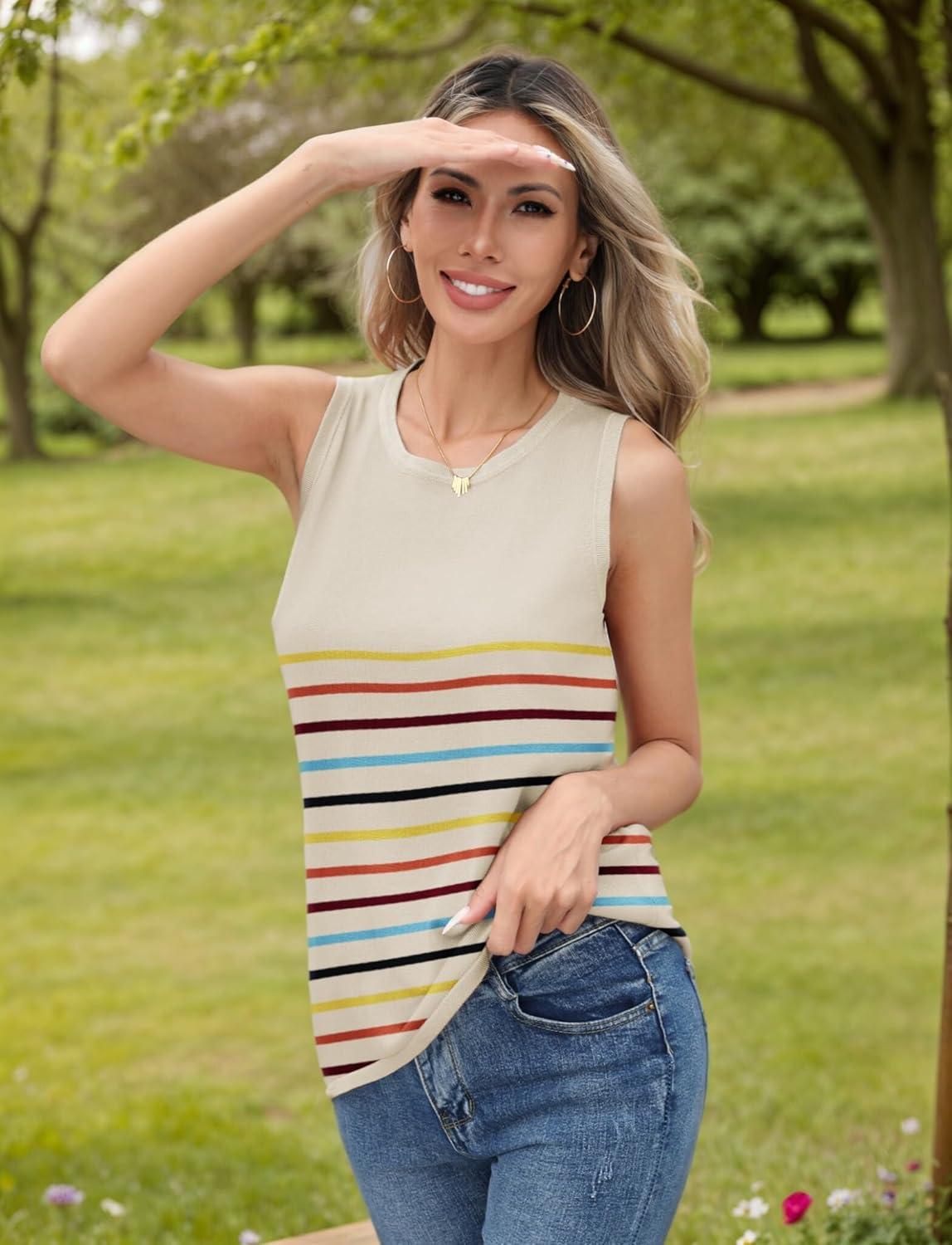 imageZeagoo Womens Sleeveless Sweater Vest Crewneck Knit Loose Sweater Tank Tops Lightweight Shirts Blouses 2026Stripe Colorful