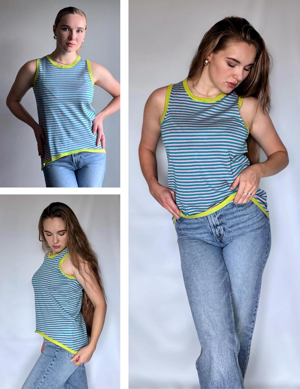 imageZeagoo Womens Sleeveless Sweater Vest Crewneck Knit Loose Sweater Tank Tops Lightweight Shirts Blouses 2026Stripe Pink Blue