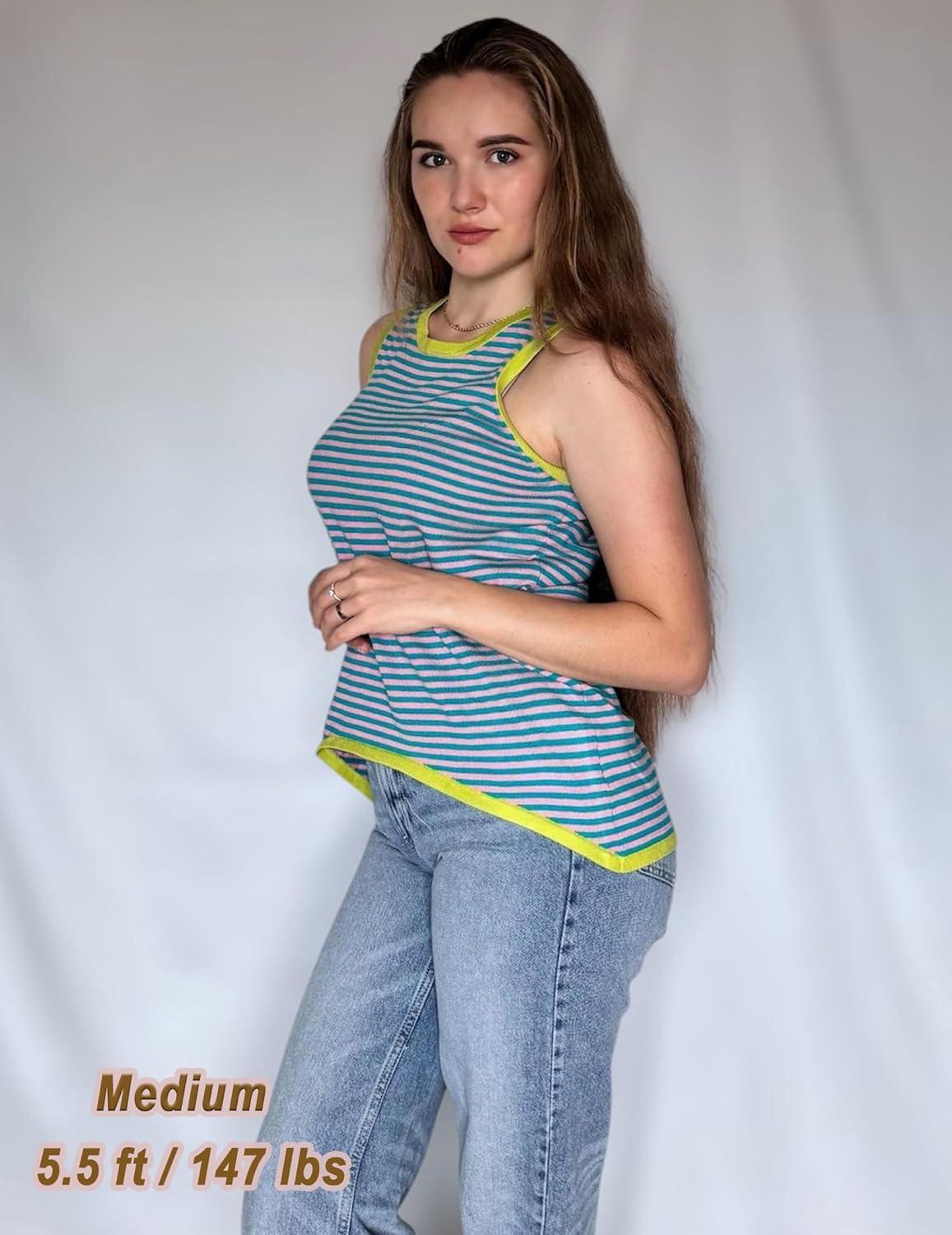 imageZeagoo Womens Sleeveless Sweater Vest Crewneck Knit Loose Sweater Tank Tops Lightweight Shirts Blouses 2026Stripe Pink Blue