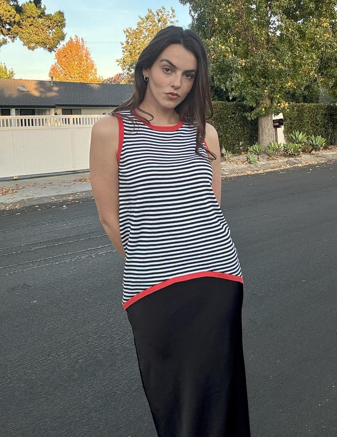 imageZeagoo Womens Sleeveless Sweater Vest Crewneck Knit Loose Sweater Tank Tops Lightweight Shirts Blouses 2026Stripe Red Black