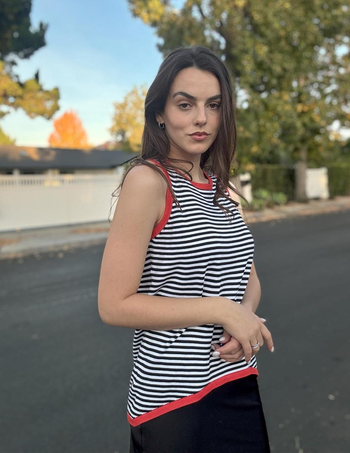 imageZeagoo Womens Sleeveless Sweater Vest Crewneck Knit Loose Sweater Tank Tops Lightweight Shirts Blouses 2026Stripe Red Black