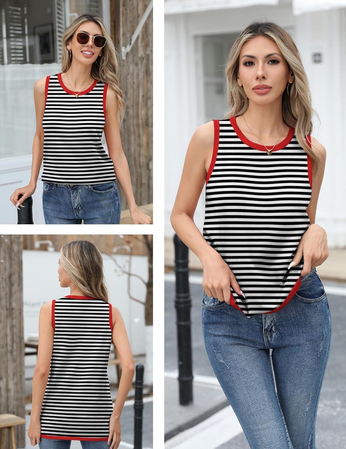 imageZeagoo Womens Sleeveless Sweater Vest Crewneck Knit Loose Sweater Tank Tops Lightweight Shirts Blouses 2026Stripe Red Black