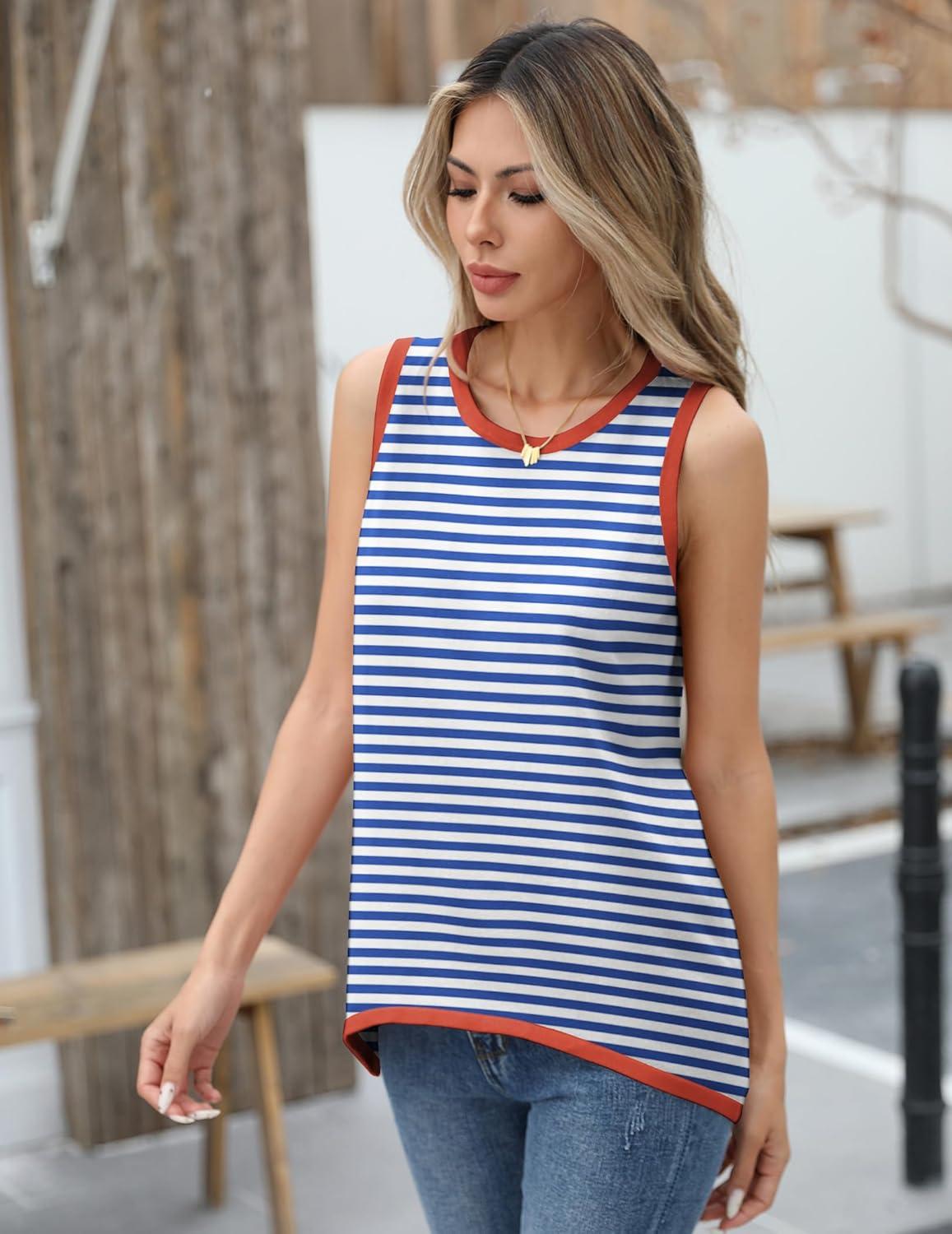 imageZeagoo Womens Sleeveless Sweater Vest Crewneck Knit Loose Sweater Tank Tops Lightweight Shirts Blouses 2026Stripe Sky Blue