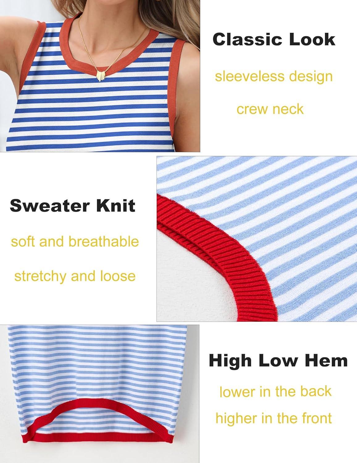 imageZeagoo Womens Sleeveless Sweater Vest Crewneck Knit Loose Sweater Tank Tops Lightweight Shirts Blouses 2026Stripe Sky Blue