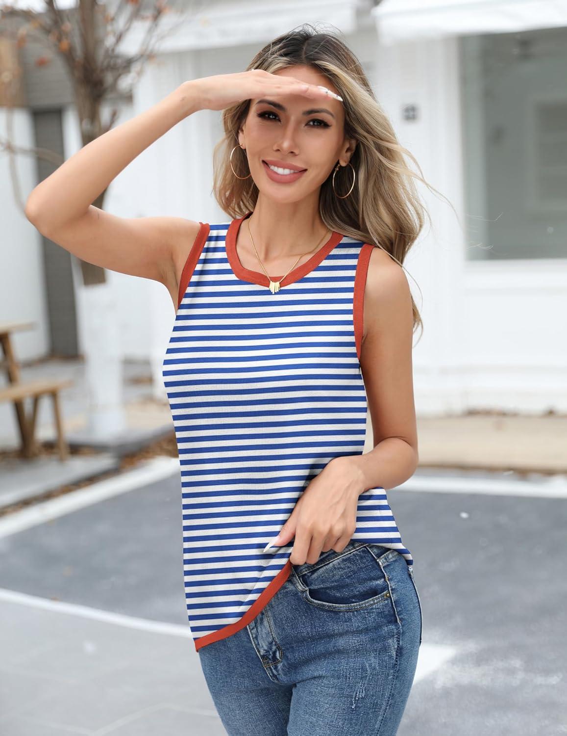 imageZeagoo Womens Sleeveless Sweater Vest Crewneck Knit Loose Sweater Tank Tops Lightweight Shirts Blouses 2026Stripe Sky Blue