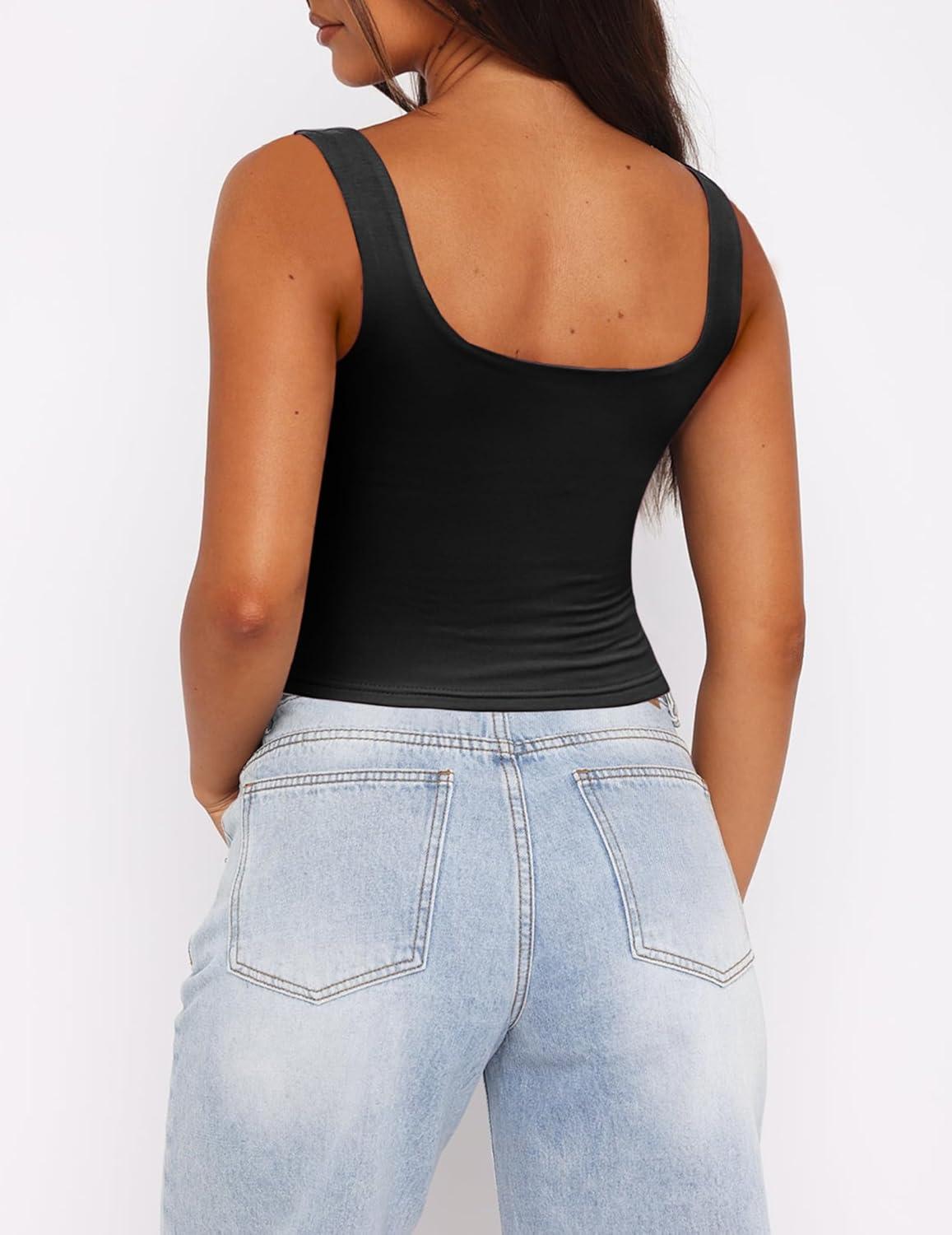 imageZeagoo Womens Square Neck Sleeveless Crop Tops 2026 Cute Double Layer Casual Slim Fit Trendy Tank TopsBlack