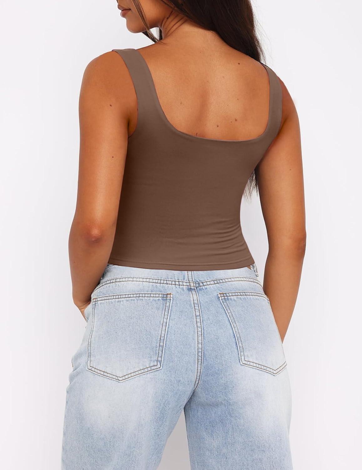 imageZeagoo Womens Square Neck Sleeveless Crop Tops 2026 Cute Double Layer Casual Slim Fit Trendy Tank TopsBrown