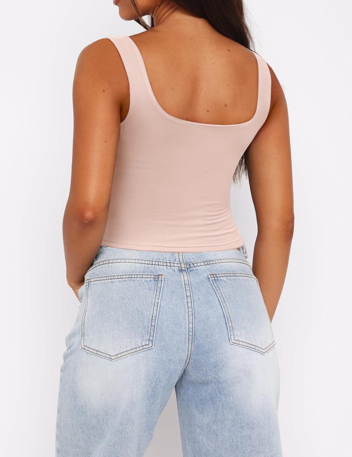 imageZeagoo Womens Square Neck Sleeveless Crop Tops 2026 Cute Double Layer Casual Slim Fit Trendy Tank TopsChampagne