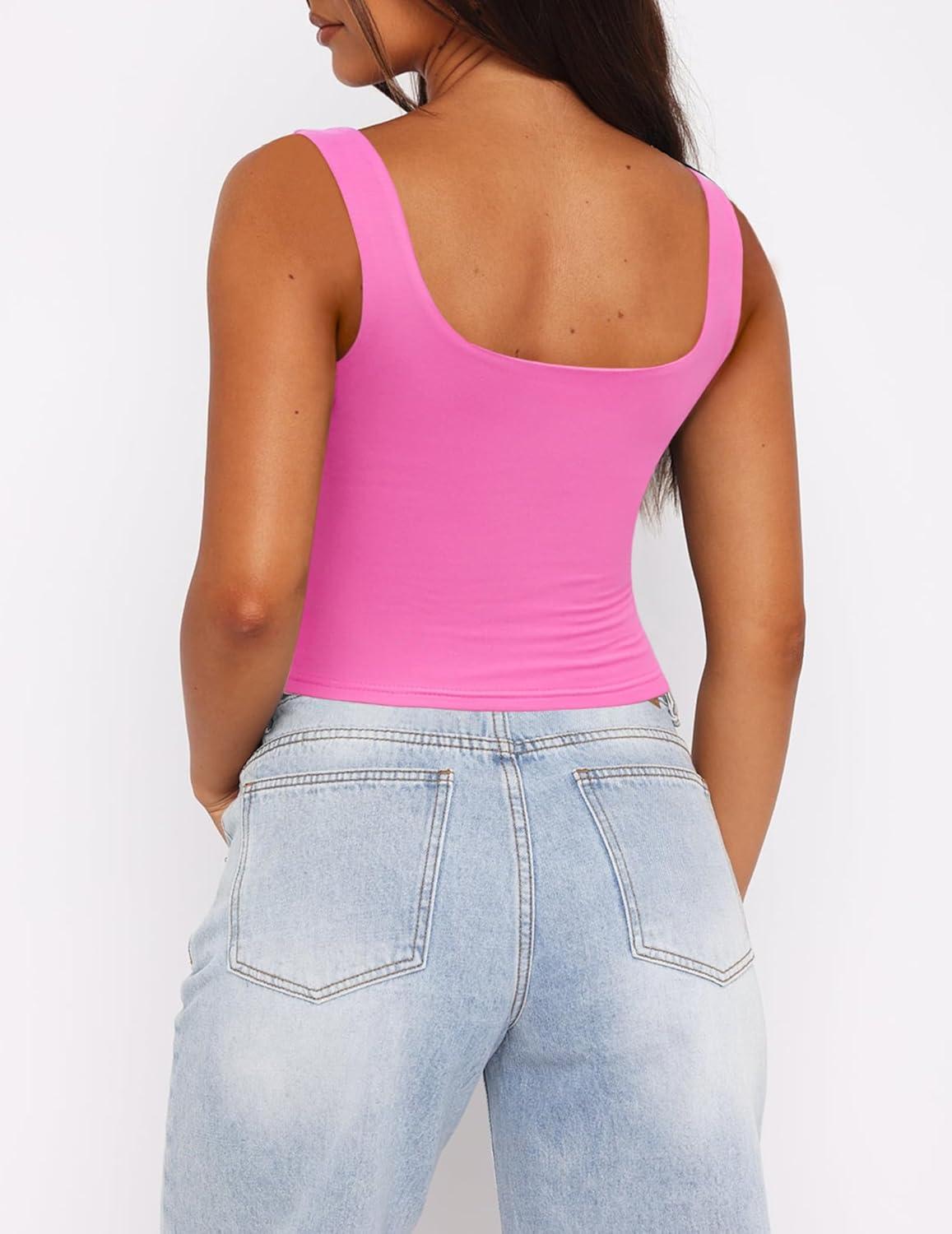 imageZeagoo Womens Square Neck Sleeveless Crop Tops 2026 Cute Double Layer Casual Slim Fit Trendy Tank TopsFluo Pink