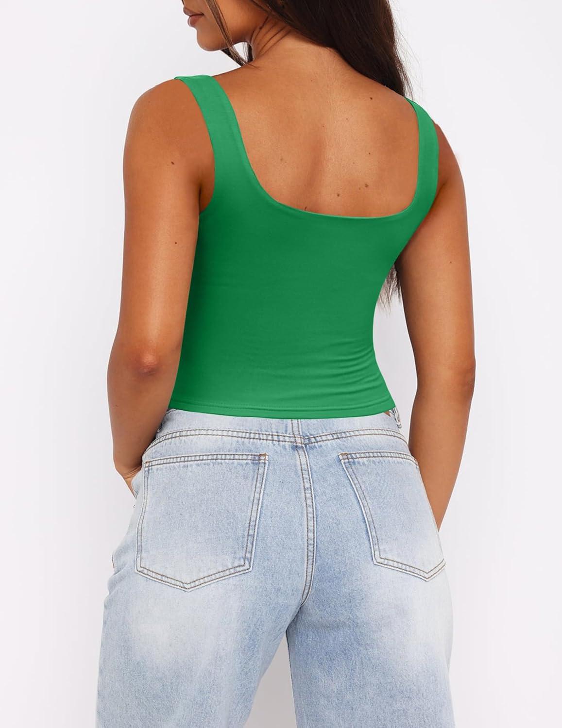 imageZeagoo Womens Square Neck Sleeveless Crop Tops 2026 Cute Double Layer Casual Slim Fit Trendy Tank TopsGreen