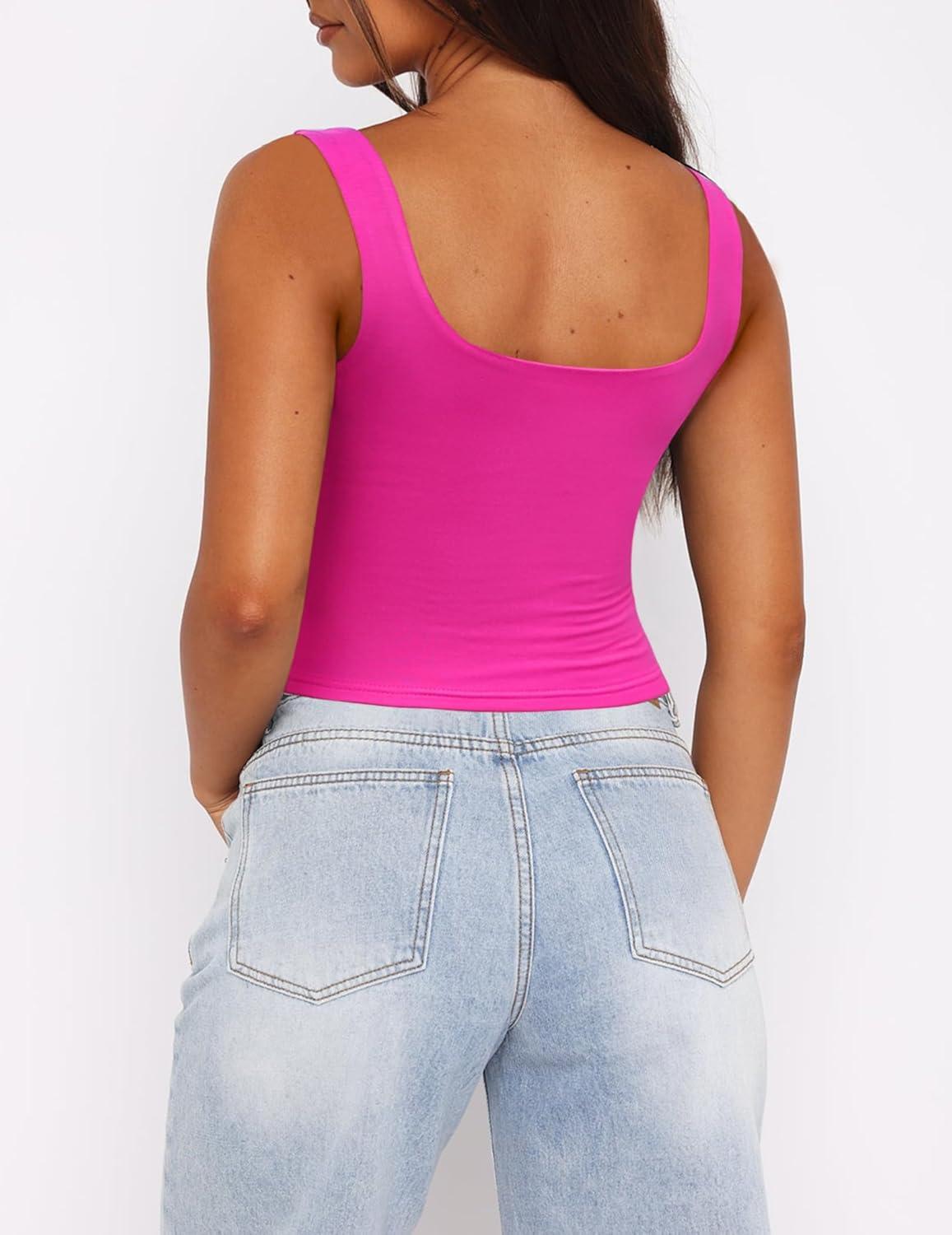 imageZeagoo Womens Square Neck Sleeveless Crop Tops 2026 Cute Double Layer Casual Slim Fit Trendy Tank TopsHot Pink