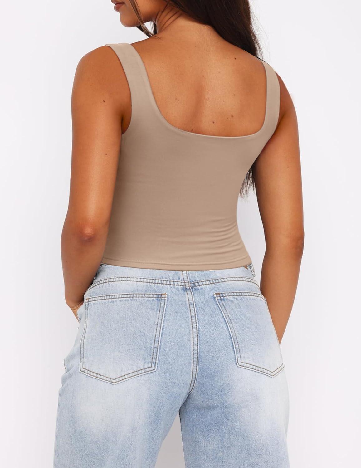 imageZeagoo Womens Square Neck Sleeveless Crop Tops 2026 Cute Double Layer Casual Slim Fit Trendy Tank TopsKhaki