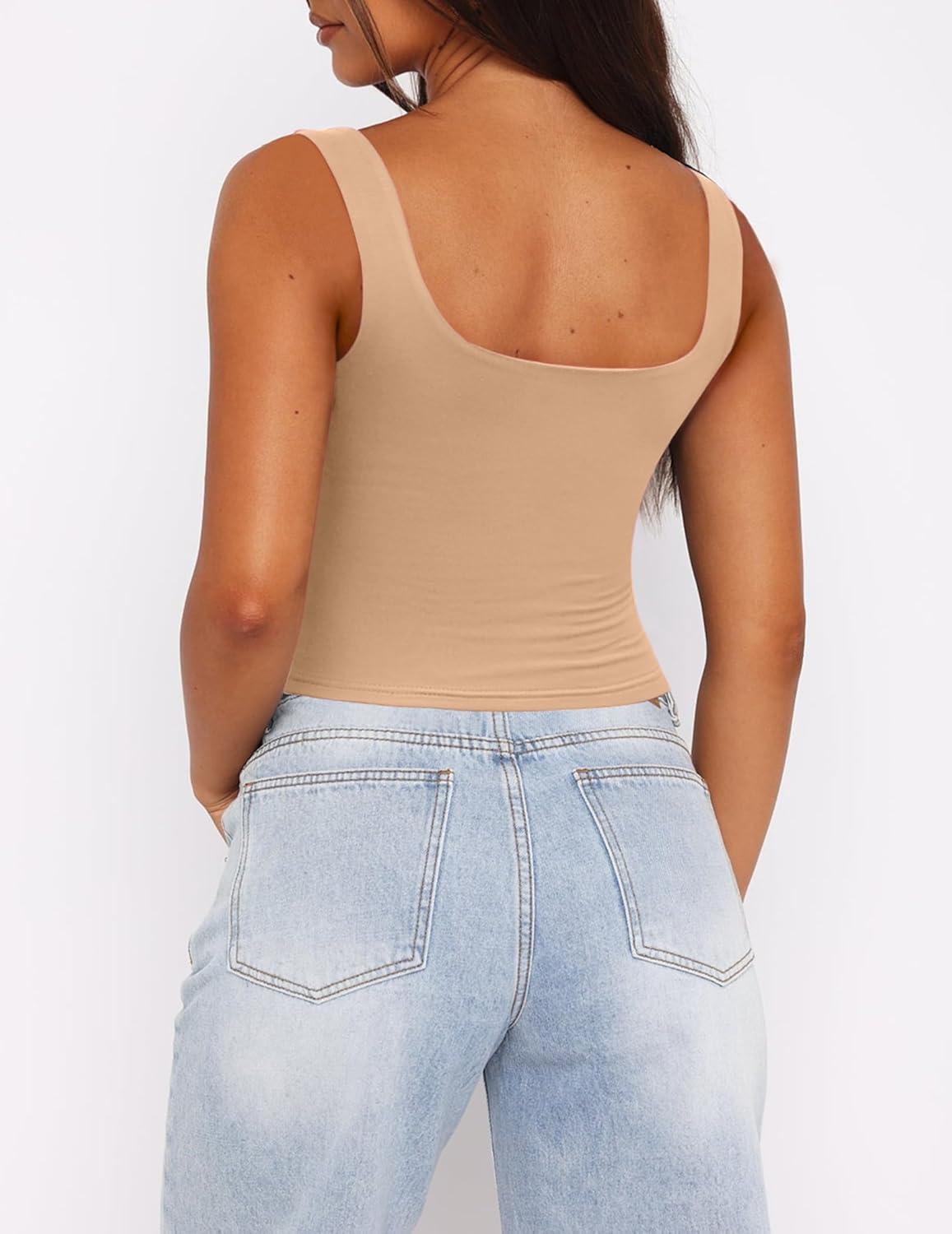 imageZeagoo Womens Square Neck Sleeveless Crop Tops 2026 Cute Double Layer Casual Slim Fit Trendy Tank TopsNude