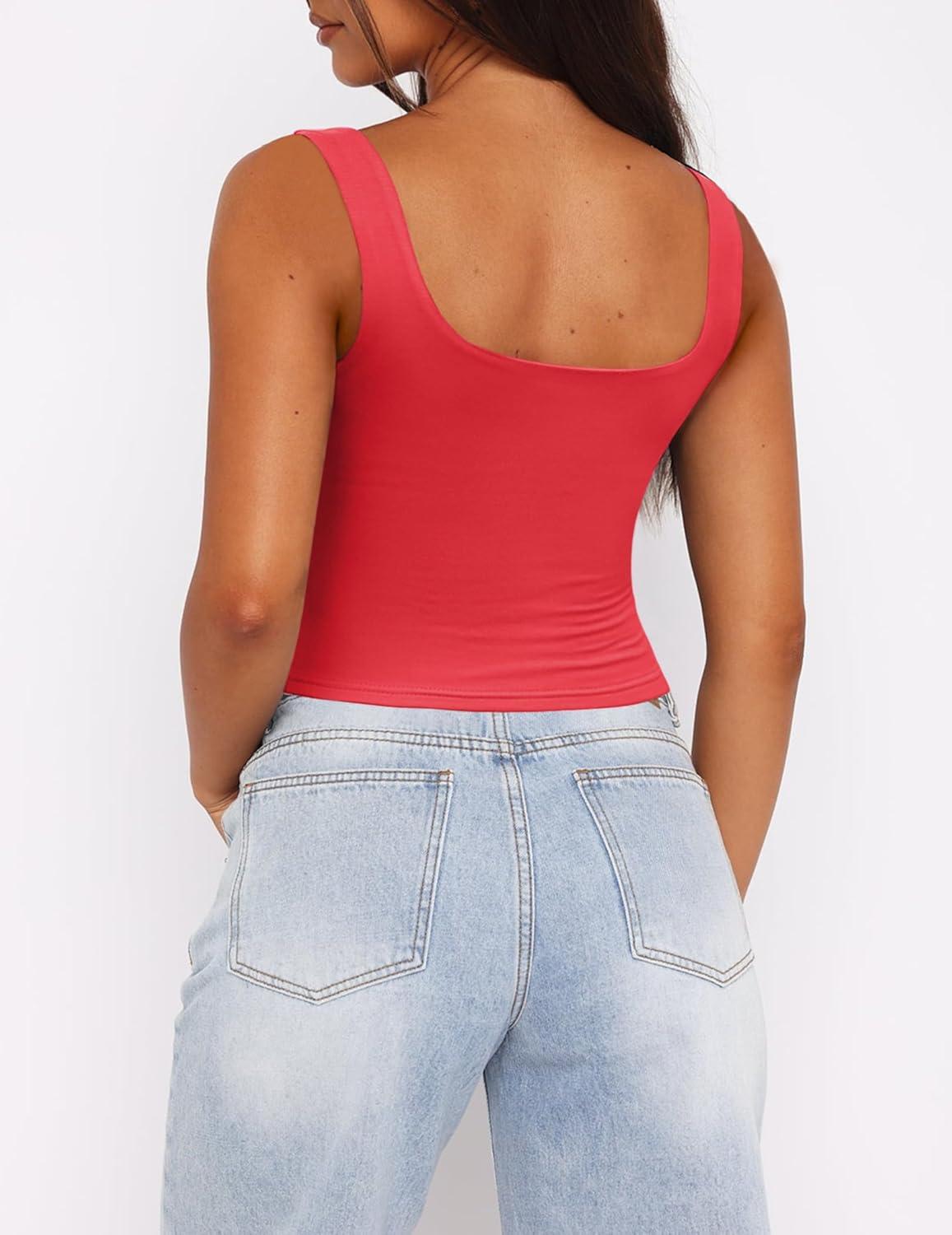 imageZeagoo Womens Square Neck Sleeveless Crop Tops 2026 Cute Double Layer Casual Slim Fit Trendy Tank TopsRed