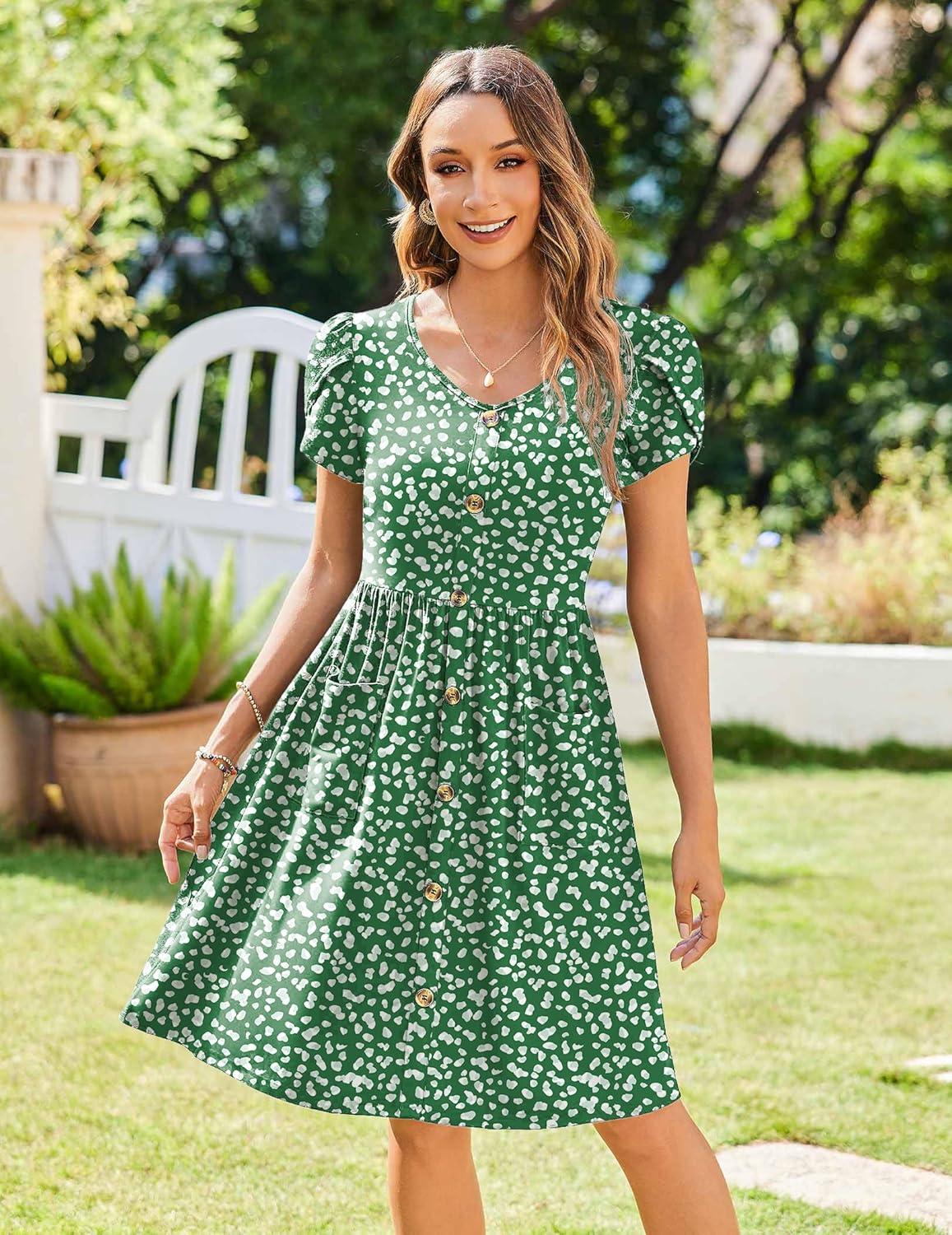 imageZeagoo Womens Summer Dress Mini Petal Short Sleeve Dresses Pleated Button Down V Neck Floral Beach Swing Vacation Dress 2026Jh560