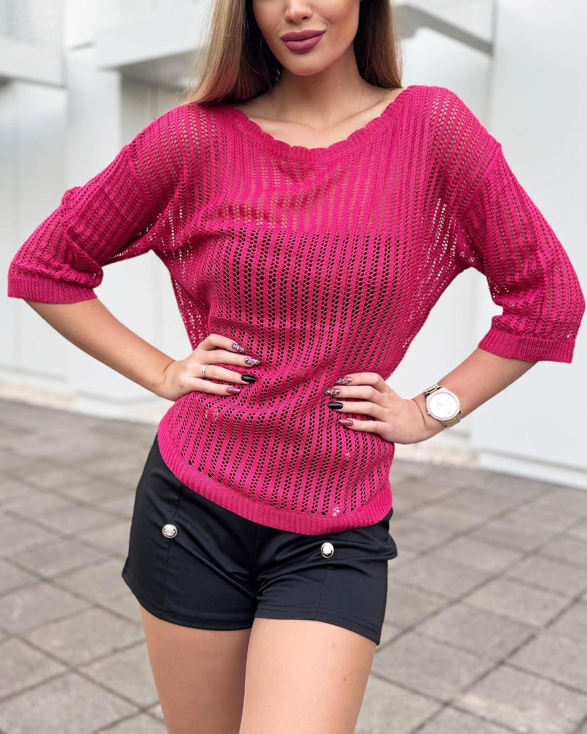imageZeagoo Womens Summer Tops Crochet Sweaters Resort Wear 34 Sleeve Hollow Out Knit Tops 2025 Beach Coverup Rose Red