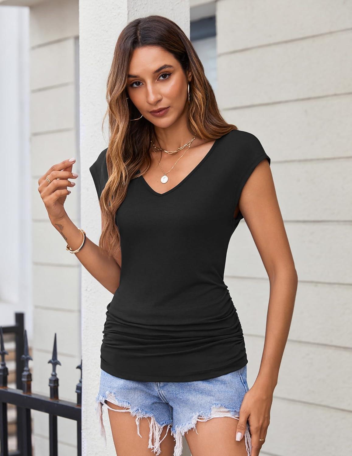 imageZeagoo Womens Summer Tops Cute V Neck Cap Sleeve Tshirts Loose Fit Dressy Casual Shirts Ruched Top TeesBlack