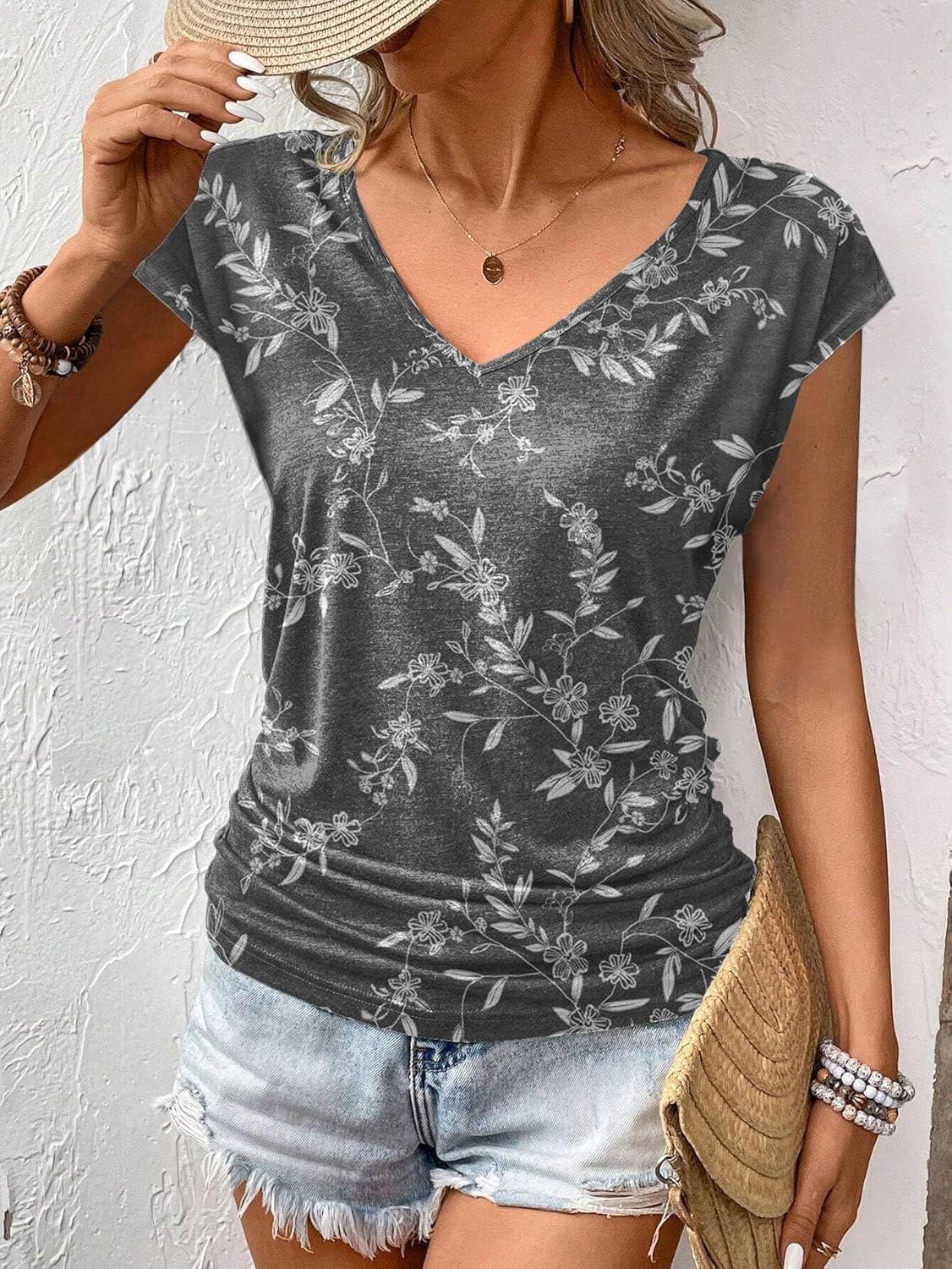 imageZeagoo Womens Summer Tops Cute V Neck Cap Sleeve Tshirts Loose Fit Dressy Casual Shirts Ruched Top TeesFloral Grey
