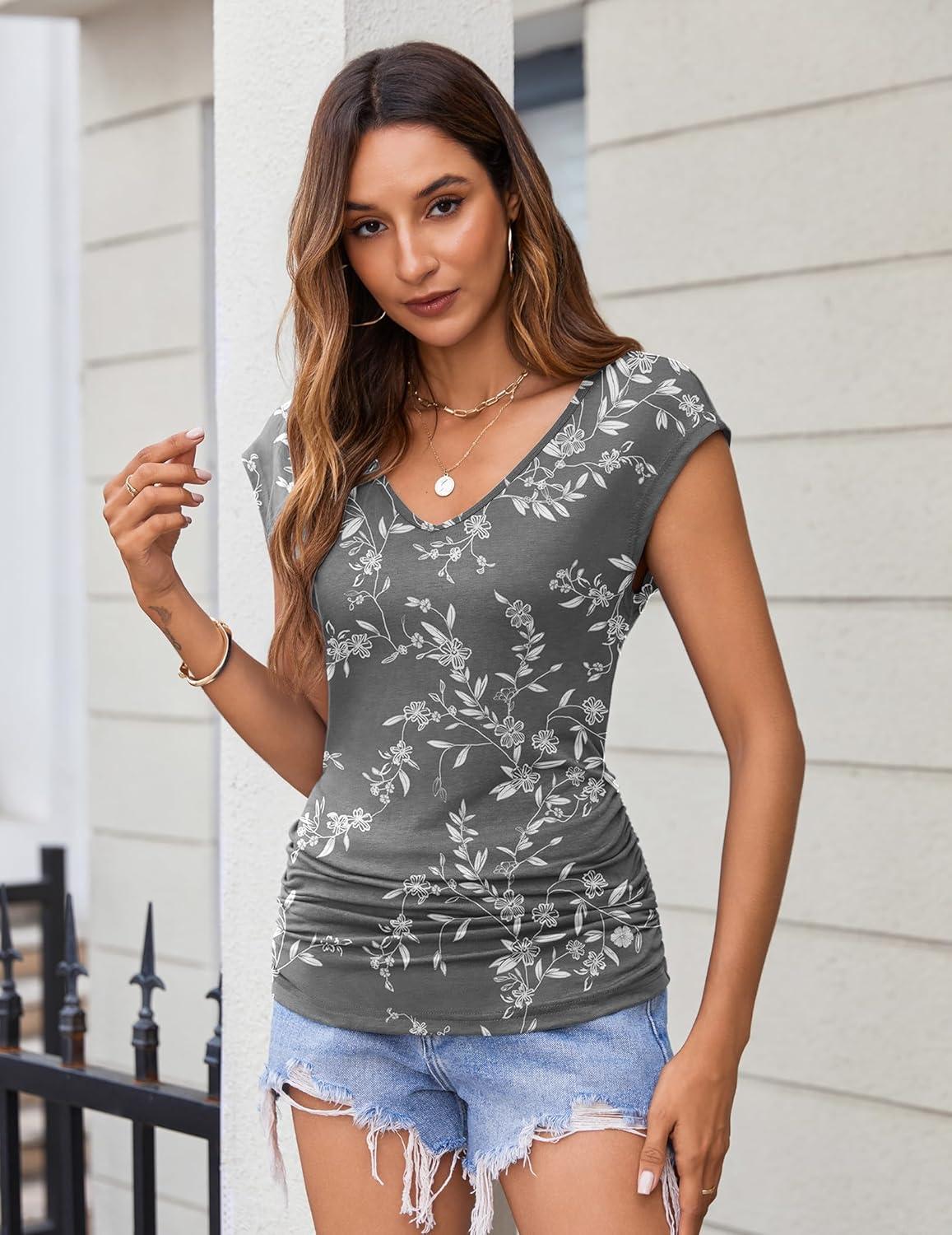 imageZeagoo Womens Summer Tops Cute V Neck Cap Sleeve Tshirts Loose Fit Dressy Casual Shirts Ruched Top TeesFloral Grey
