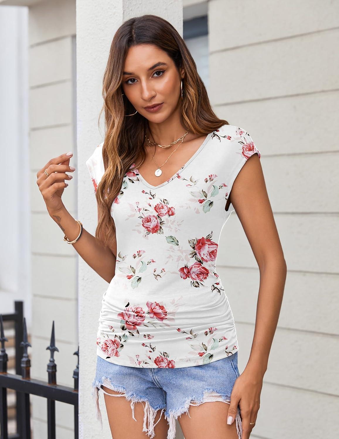 imageZeagoo Womens Summer Tops Cute V Neck Cap Sleeve Tshirts Loose Fit Dressy Casual Shirts Ruched Top TeesFlower White