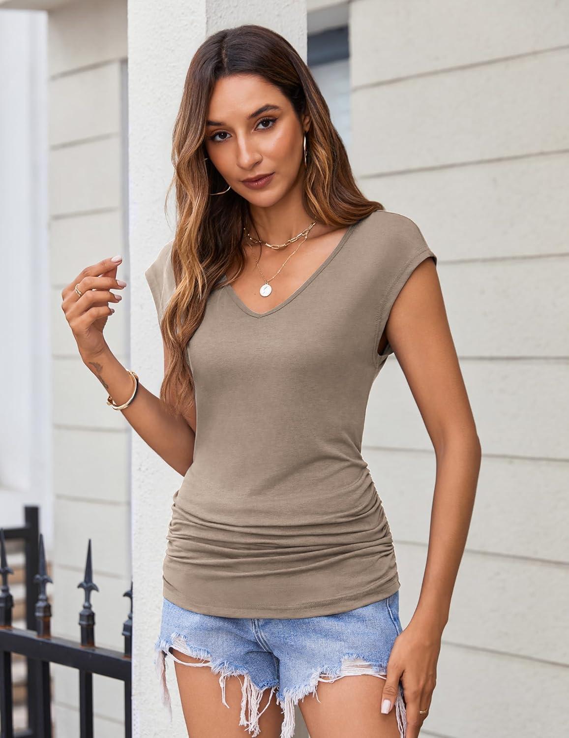 imageZeagoo Womens Summer Tops Cute V Neck Cap Sleeve Tshirts Loose Fit Dressy Casual Shirts Ruched Top TeesKhaki