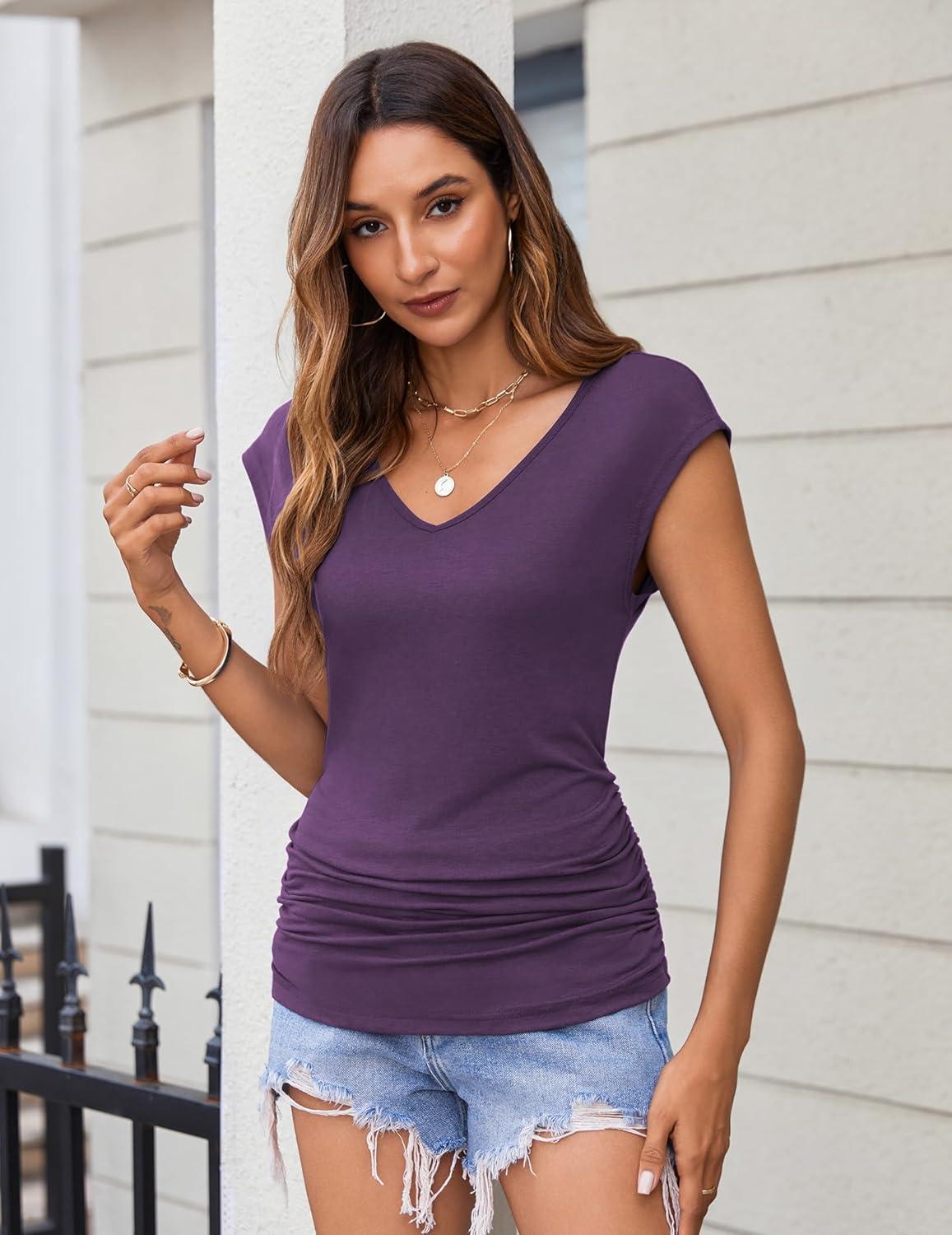 imageZeagoo Womens Summer Tops Cute V Neck Cap Sleeve Tshirts Loose Fit Dressy Casual Shirts Ruched Top TeesPurple