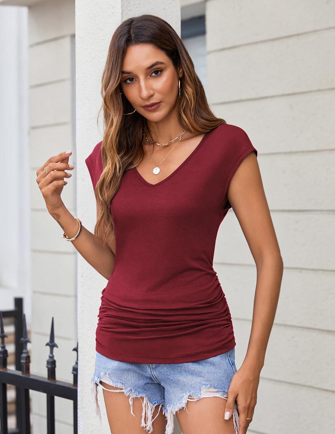 imageZeagoo Womens Summer Tops Cute V Neck Cap Sleeve Tshirts Loose Fit Dressy Casual Shirts Ruched Top TeesWine Red