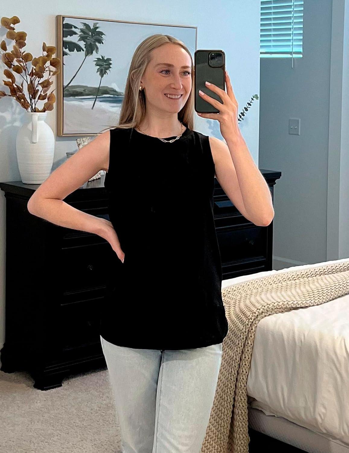 imageZeagoo Womens Summer Tops Dressy Casual High Neck Sleeveless Shirts Basic Loose Fit Tank Tops Beach Vacation 2 PackBblackhotpink