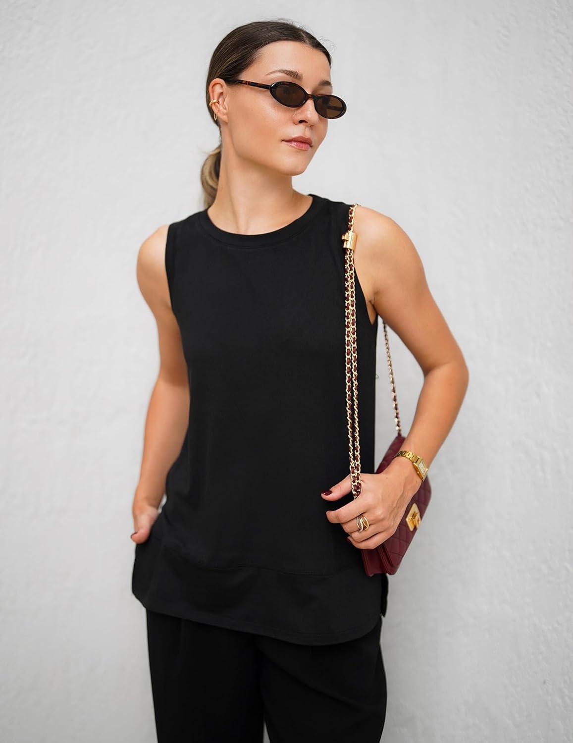 imageZeagoo Womens Summer Tops Dressy Casual High Neck Sleeveless Shirts Basic Loose Fit Tank Tops Beach Vacation 2 PackBblackhotpink