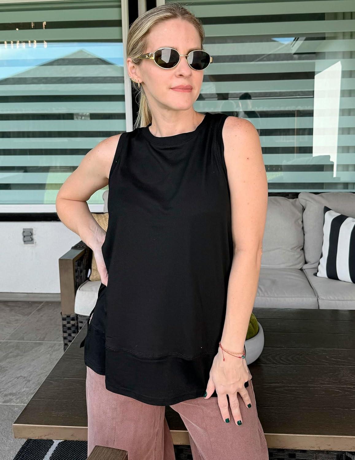 imageZeagoo Womens Summer Tops Dressy Casual High Neck Sleeveless Shirts Basic Loose Fit Tank Tops Beach Vacation 2 PackBblacknavy