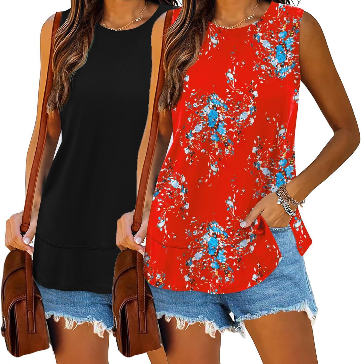 imageZeagoo Womens Summer Tops Dressy Casual High Neck Sleeveless Shirts Basic Loose Fit Tank Tops Beach Vacation 2 PackBlackred Flower