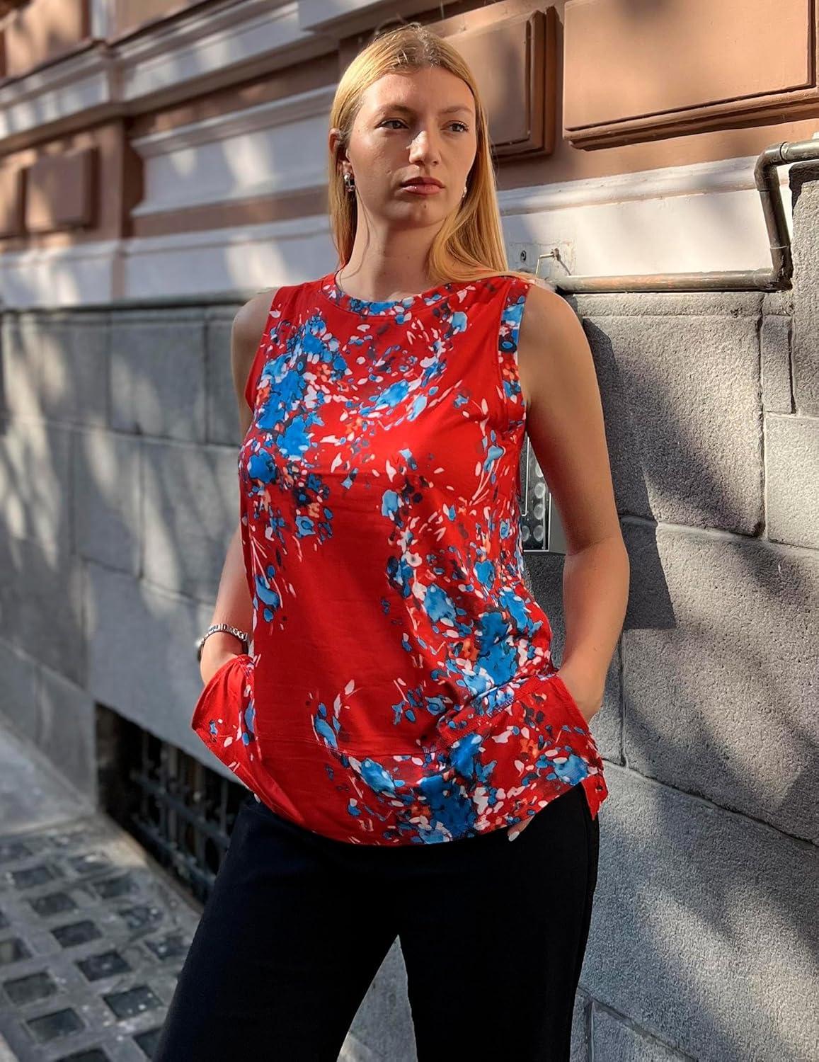 imageZeagoo Womens Summer Tops Dressy Casual High Neck Sleeveless Shirts Basic Loose Fit Tank Tops Beach Vacation 2 PackBlackred Flower