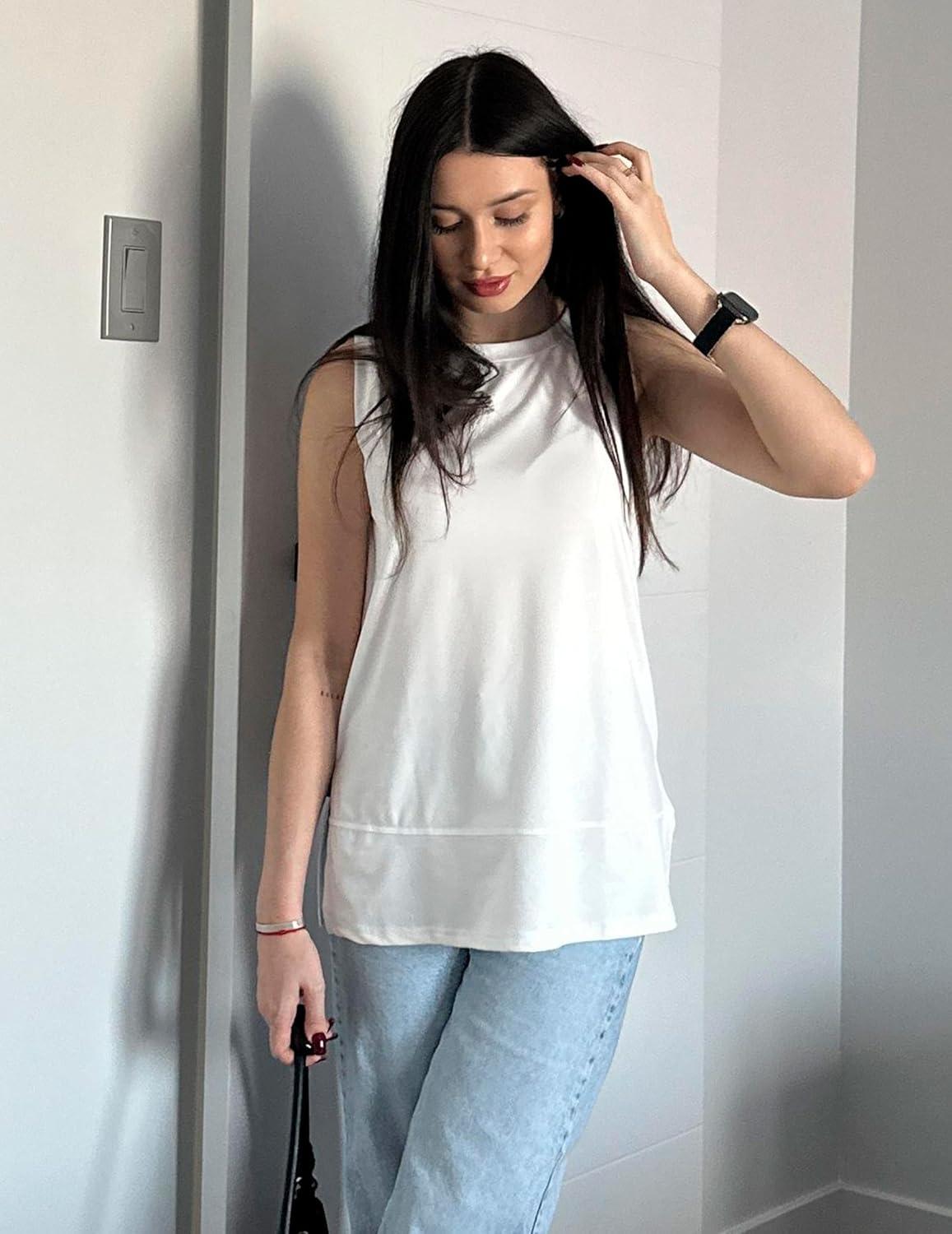 imageZeagoo Womens Summer Tops Dressy Casual High Neck Sleeveless Shirts Basic Loose Fit Tank Tops Beach Vacation 2 PackBwhitegray