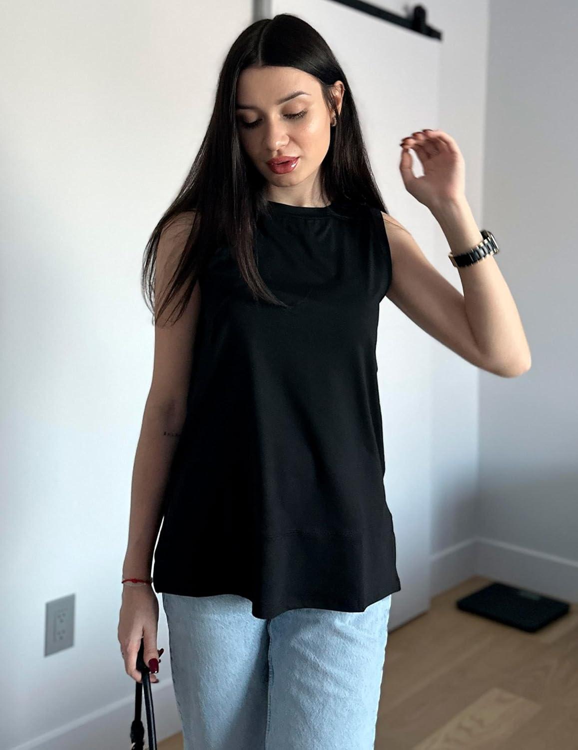 imageZeagoo Womens Summer Tops Dressy Casual High Neck Sleeveless Shirts Basic Loose Fit Tank Tops Beach Vacation 2 PackFblackcadetblue