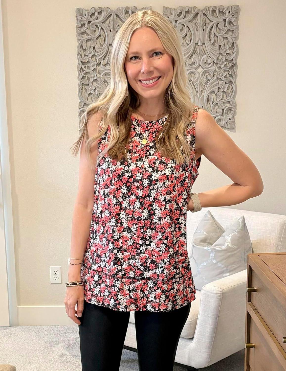 imageZeagoo Womens Summer Tops Dressy Casual High Neck Sleeveless Shirts Basic Loose Fit Tank Tops Beach Vacation 2 PackFblackred White Flower