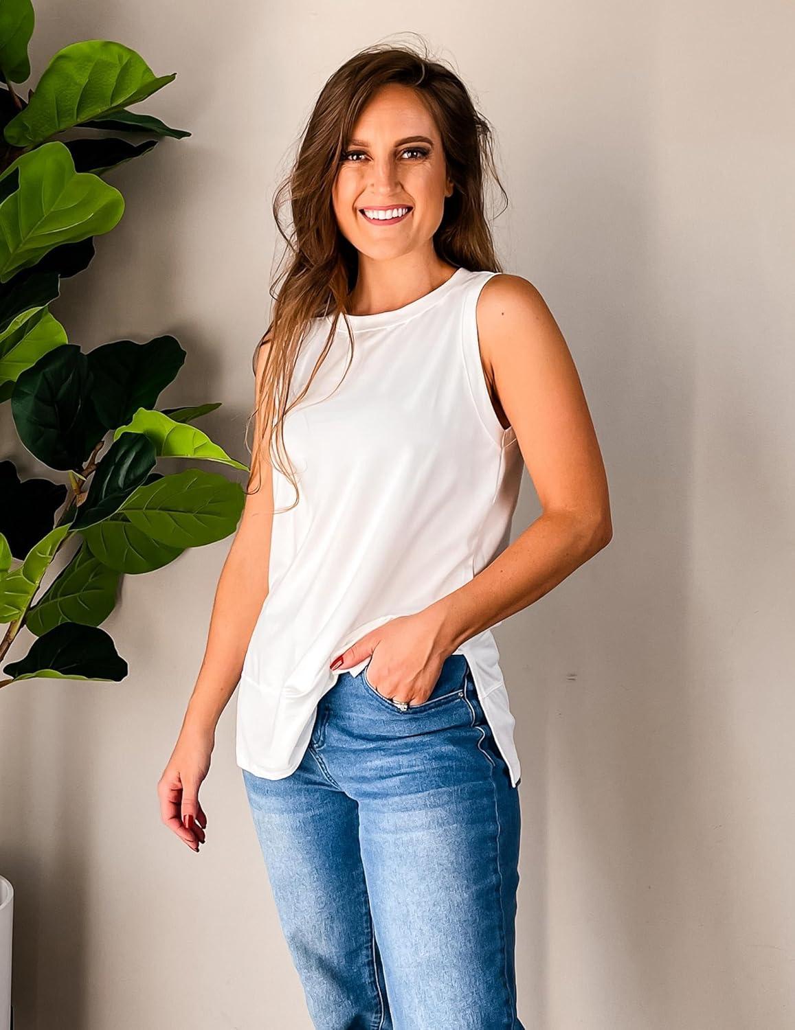 imageZeagoo Womens Summer Tops Dressy Casual High Neck Sleeveless Shirts Basic Loose Fit Tank Tops Beach Vacation 2 PackWhitewhite Lily