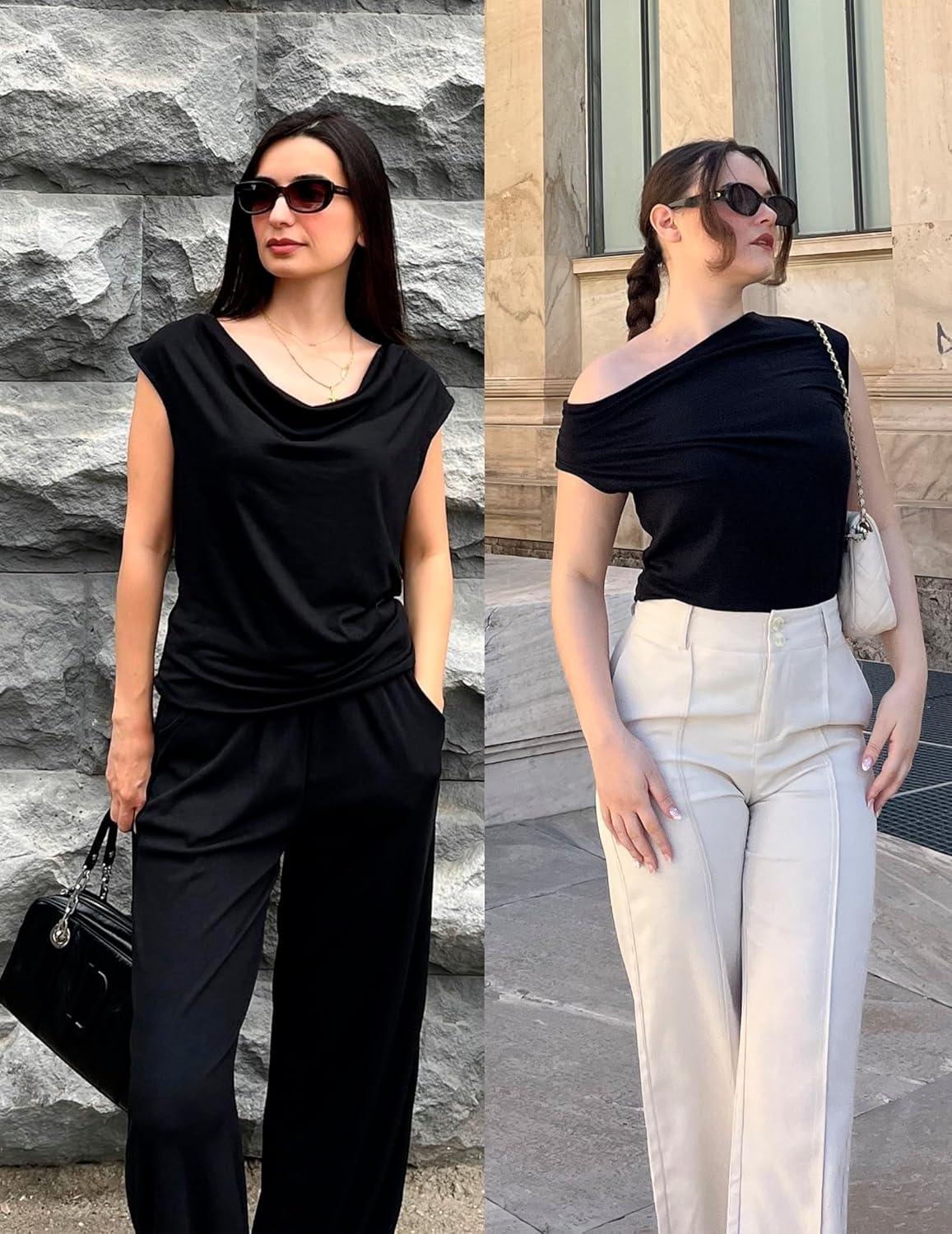 imageZeagoo Womens Tank Tops 2 Pack Trendy Going Out Tops Sleeveless Shirts Ruched Business Casual Basic Tunic Tops OutfitsBblackblack