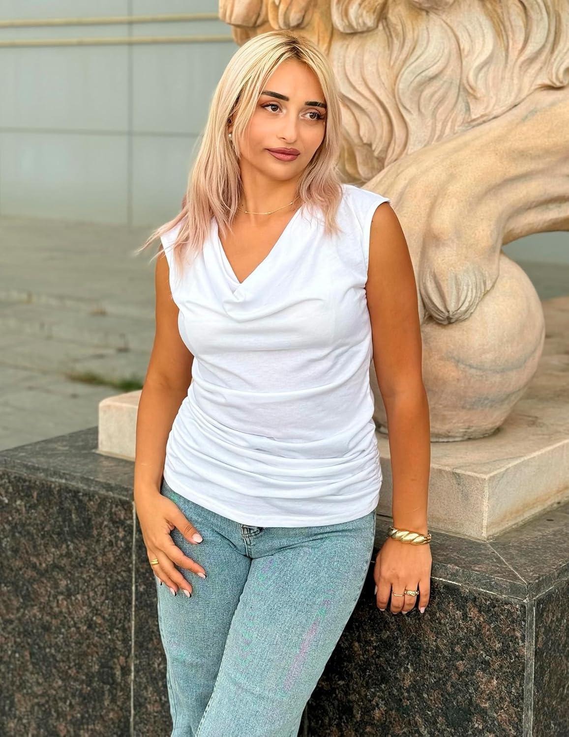 imageZeagoo Womens Tank Tops 2 Pack Trendy Going Out Tops Sleeveless Shirts Ruched Business Casual Basic Tunic Tops OutfitsBwhitewhite