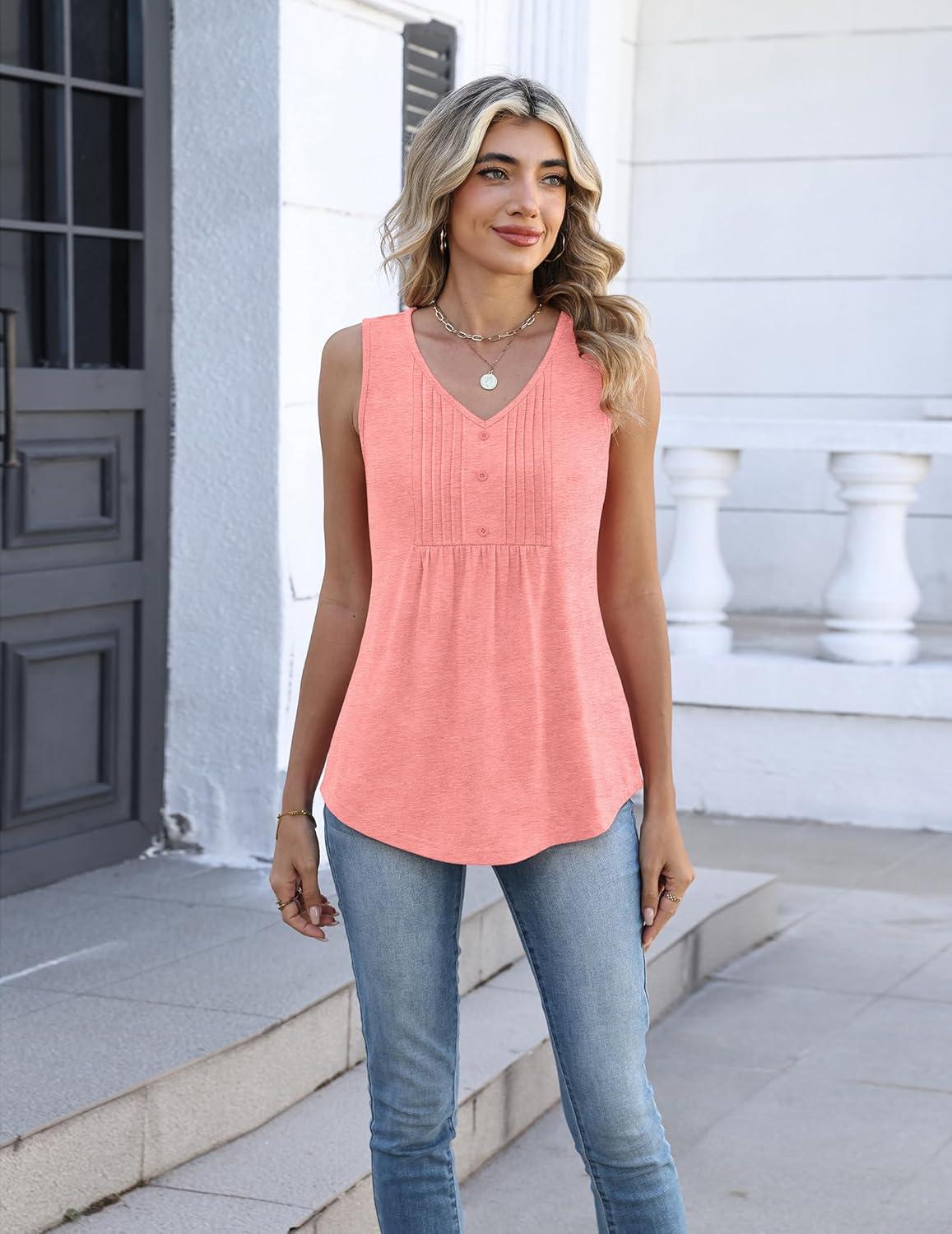 imageZeagoo Womens Tank Tops 2026 Sleeveless Pleated V Neck Loose Fit Summer Clothes Button Flowy Casual Shirts Pink