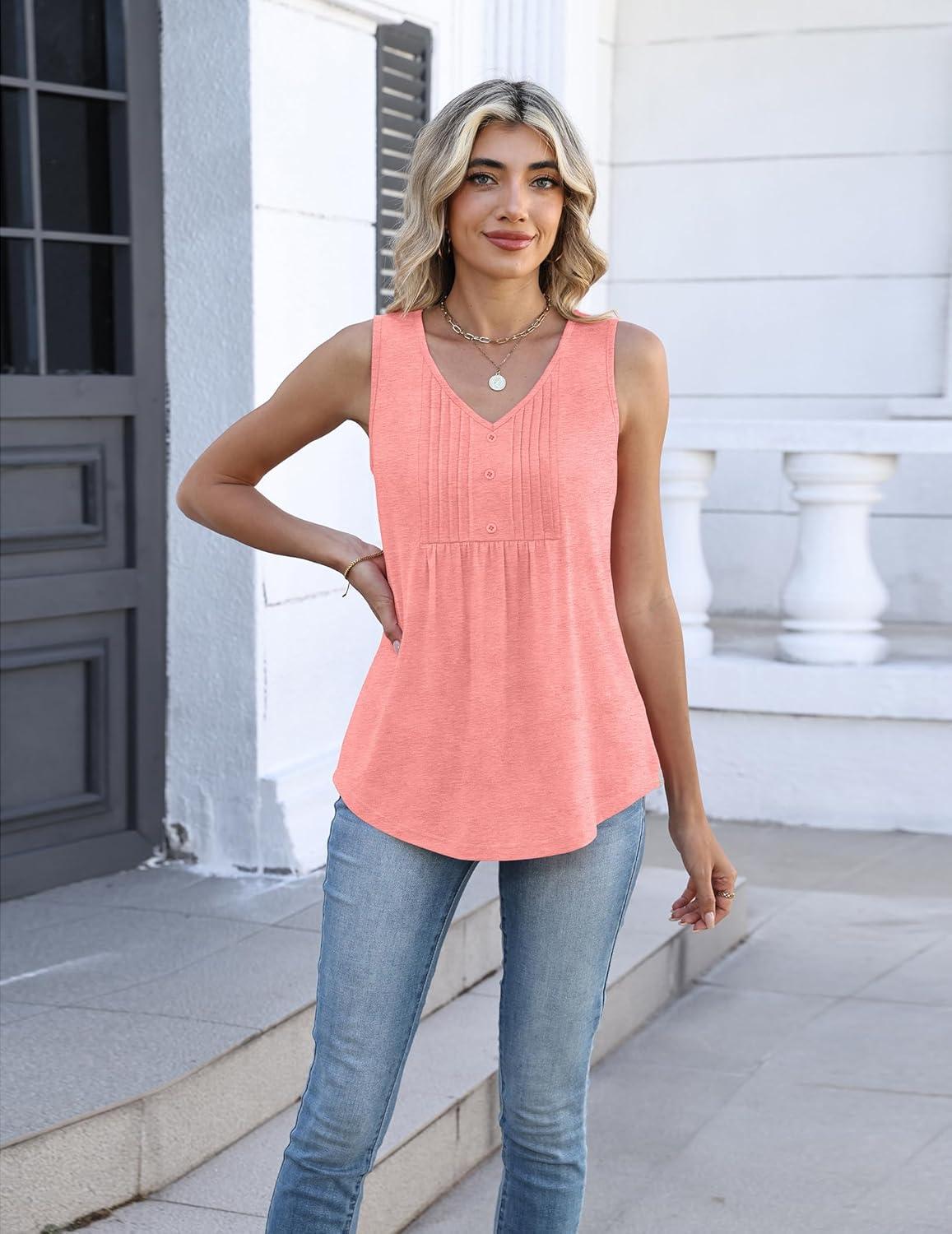 imageZeagoo Womens Tank Tops 2026 Sleeveless Pleated V Neck Loose Fit Summer Clothes Button Flowy Casual Shirts Pink