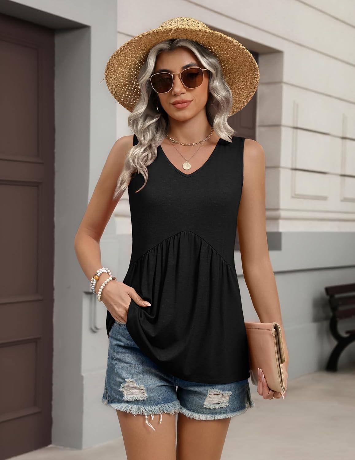 imageZeagoo Womens Tank Tops 2026 Summer Flowy Peplum Casual V Neck Babydoll Sleeveless Tops S3XBlack