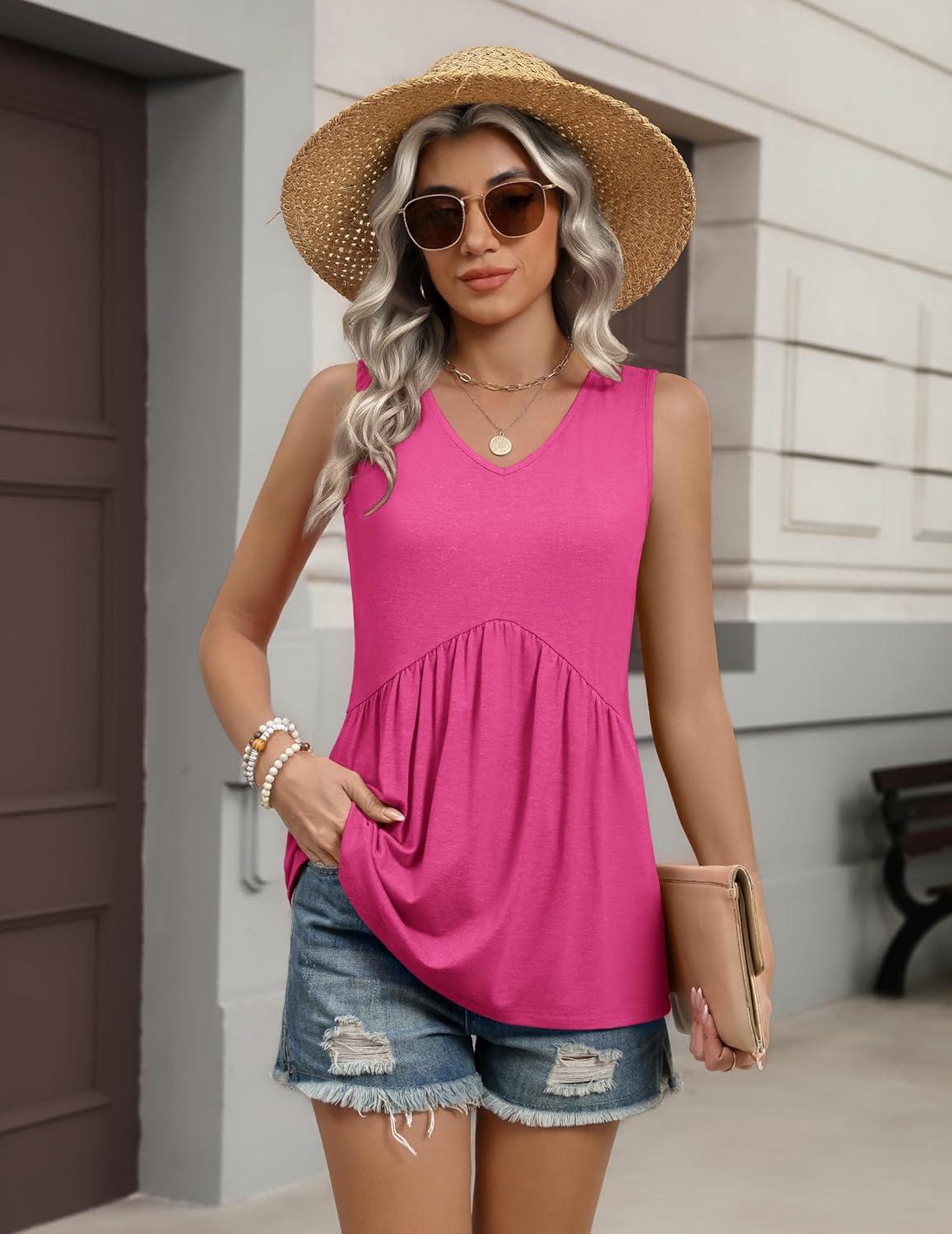 imageZeagoo Womens Tank Tops 2026 Summer Flowy Peplum Casual V Neck Babydoll Sleeveless Tops S3XRose Red