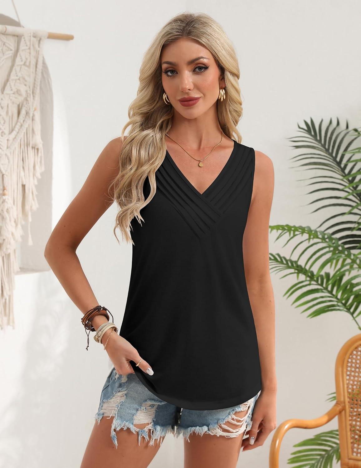 imageZeagoo Womens Tank Tops 2026 Summer Sleeveless Loose Fit Tops V Neck Pleated Trendy Fashion Business Casual ShirtsBlack