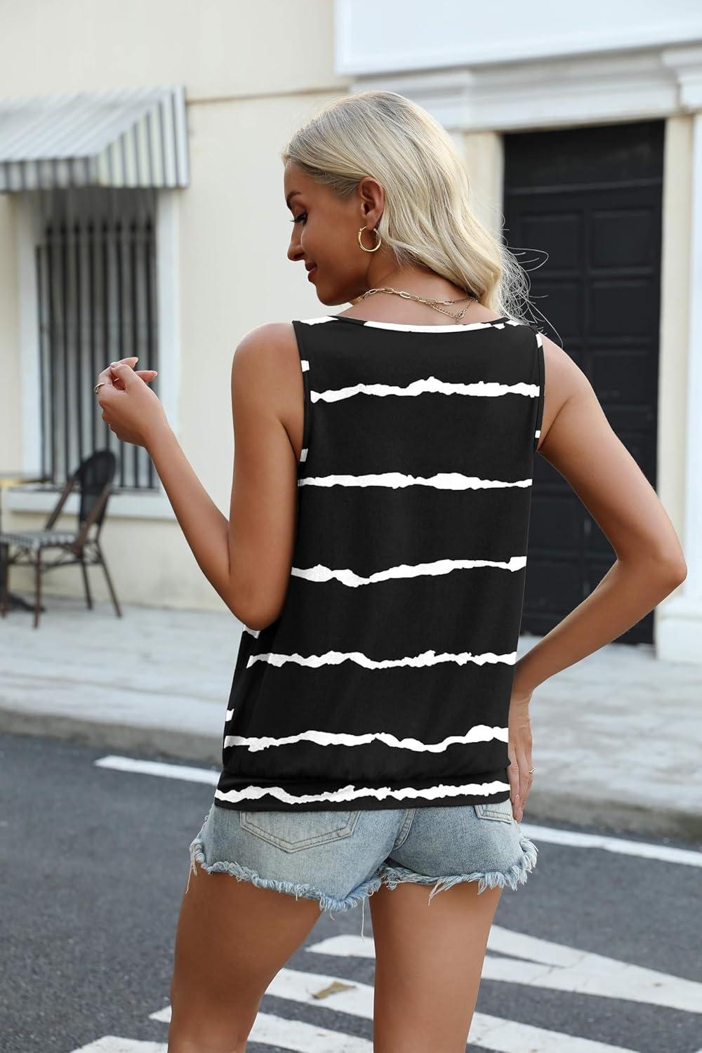 imageZeagoo Womens Tank Tops Loose Fit V Neck Ruched Sleeveless Tops Casual Basic Banded Shirts SXXLBlack Stripe